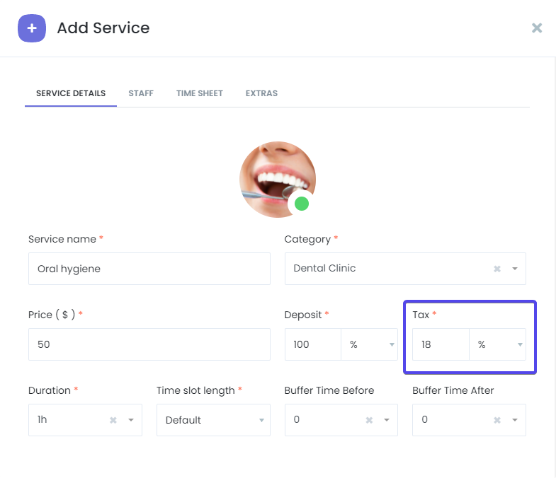 BOOK-G Appointment Booking Software with Taxes feature.